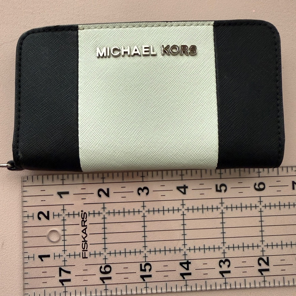 Michael Kors Black and White Striped Zip Around Wallet - Picture 4 of 5